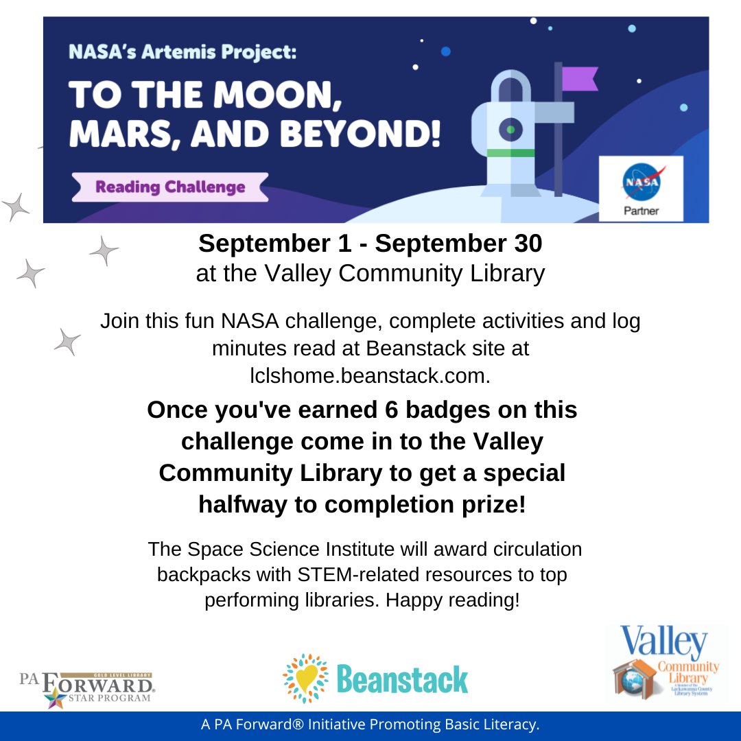 ValleyLibrary's tweet image. Have you joined NASA&apos;s Artemis Project: To the Moon, Mars, and Beyond! on Beanstack? Log minutes read, and complete challenges to earn fun badges. Join the fun at lclshome.beanstack.com.
 #STEAMinLIB #BeanBlast