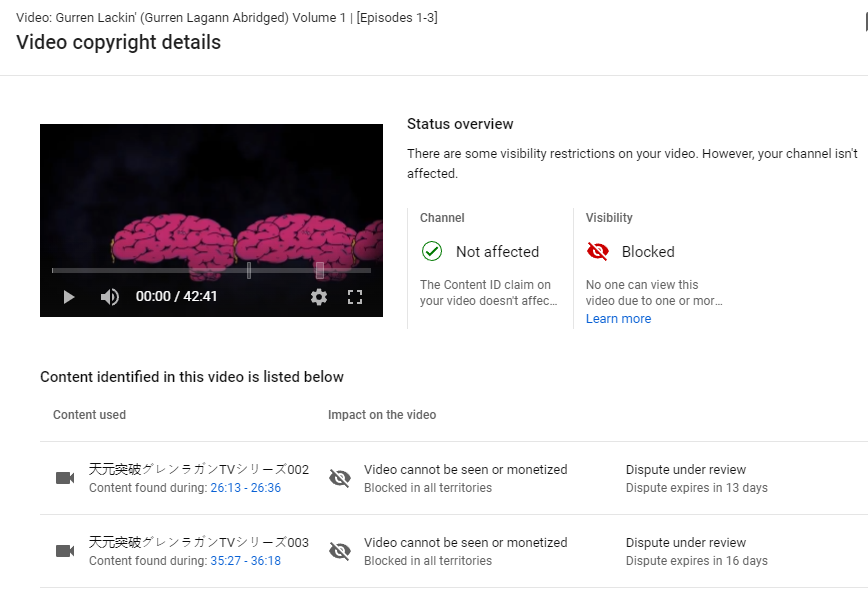 BridgeBrains's tweet photo. Hey @TeamYouTube @YouTube, investigate this pls?
The dispute expiration time did go down after the 1st pic, but has since then shot up multiple times.
This is either a big glitch, or Sony/Aniplex is again abusing the system.
This vid was unblocked before the 1st pic occured, js. https://t.co/y1PEul1TB7