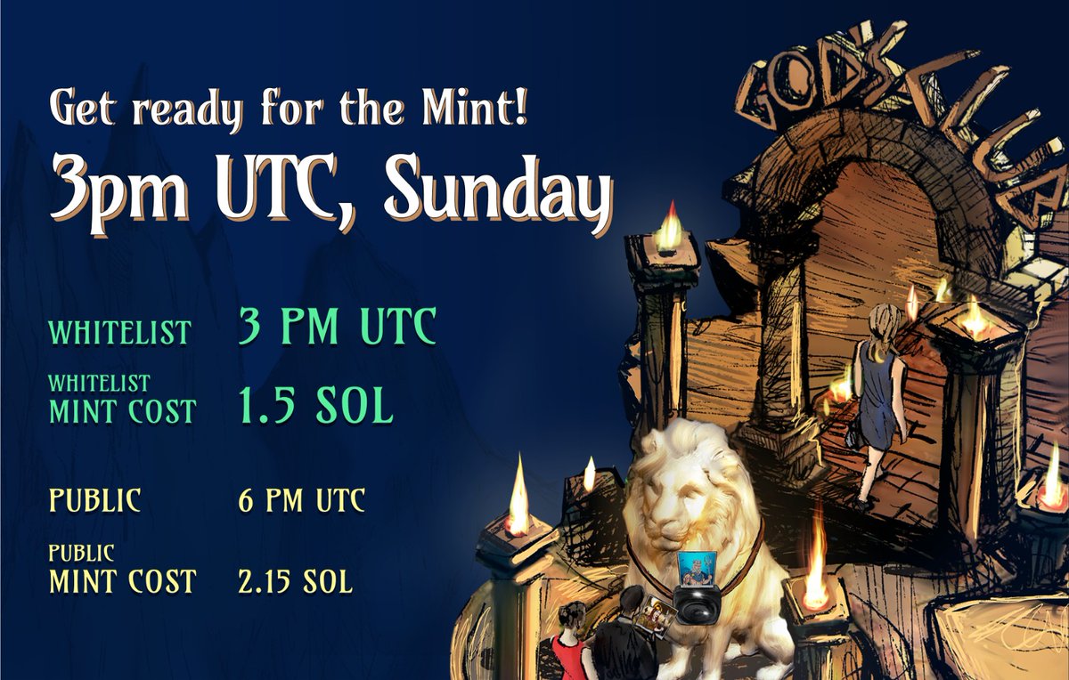 🔥 The time has come! 🔥 

The MINT will take place on September 11th, 3 PM UTC for those who are whitelisted. After 3 hours, there will be a public sale. We're partnering with <a href="/SolSeaNFT/">SolSea</a> for the MINT! Please stay tuned for upcoming announcements. LFG! 🚀

mint.godsclub.io