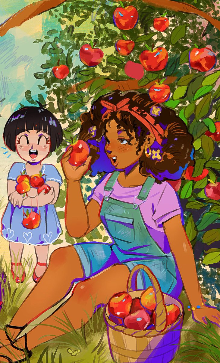 multiple girls 2girls fruit dark-skinned female dark skin food overalls  illustration images