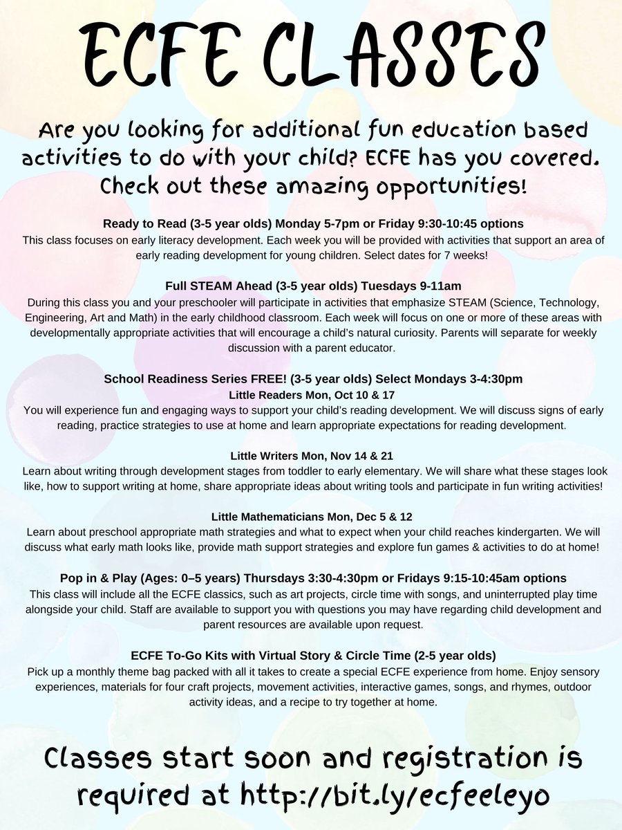 194CommunityEd's tweet photo. Limited Space Remains!
Are you looking for additional fun education based activities to do with your child? ECFE has you coved. Classes start soon. Registration is required. https://t.co/OkSloiQBTY https://t.co/MLY1nDv71u