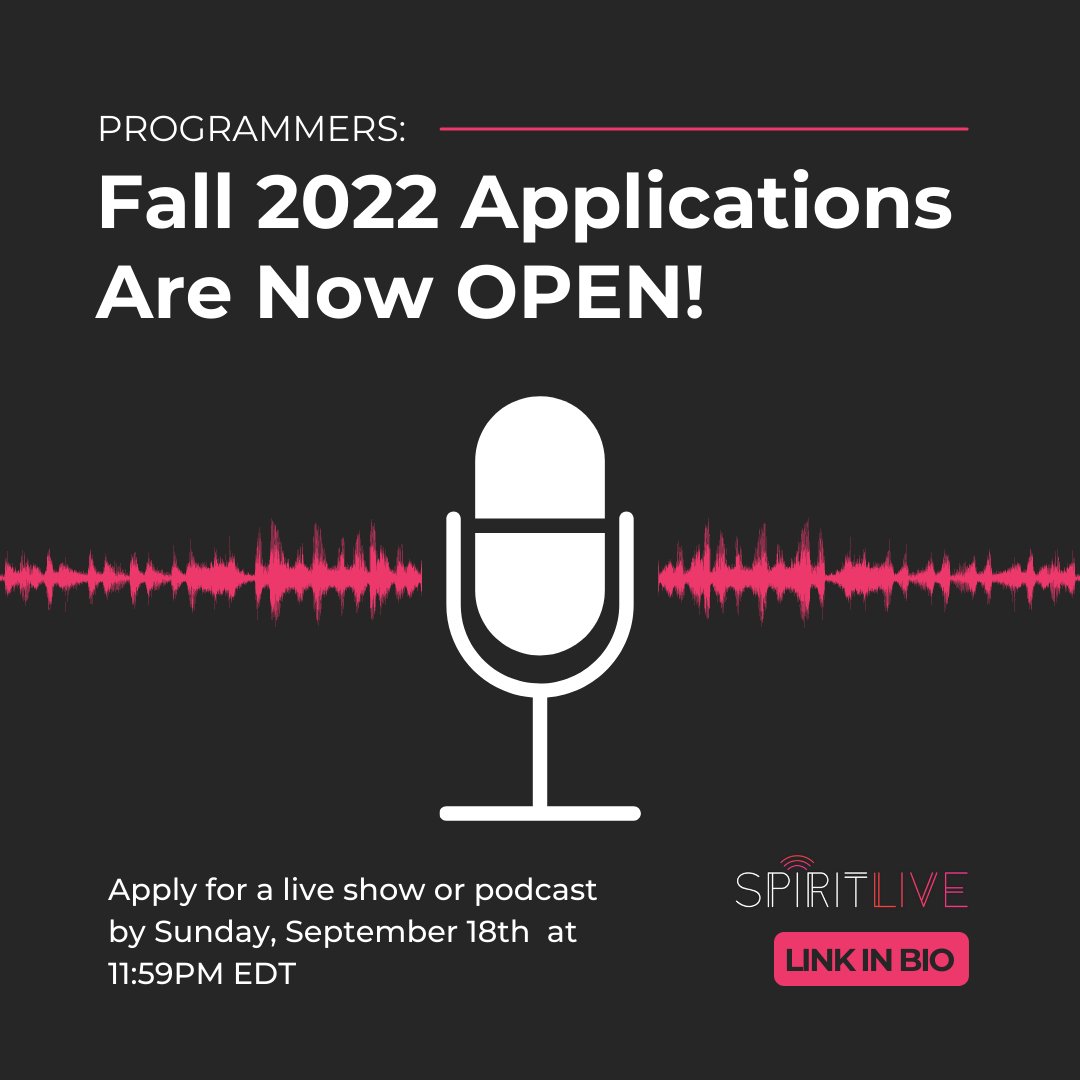 SpiritLive is back — in person! 

We are now accepting applications for live shows and podcasts . Apply using the Fall 2022 Show Application linked in our bio! 

The deadline is September 18th at 11:59 PM! We can't wait to hear all your wonderful ideas!

#SpiritLiveFall2022