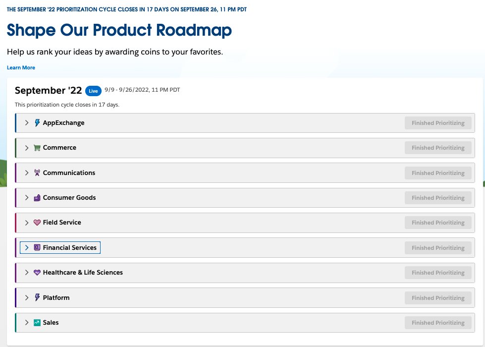 sfdcmx's tweet photo. The new Salesforce IdeaExchange Prioritization Cycle is now open and with a big twist you can PRIORITIZE TOP IDEAS BY CLOUD!!! Happy to see it live after some initial user testing. @Salesforce https://t.co/yRRmJGQjGI