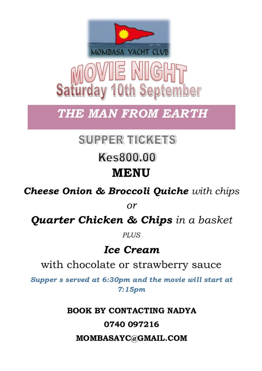 Hey @MihrThakar movie night & dinner at the Mombasa Yacht Club tomorrow Saturday. #trysomethingdifferent