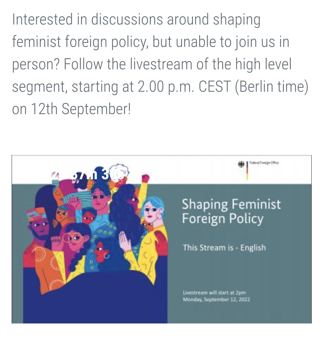 Excited for 'Shaping #FeministForeignPolicy' Conference Monday 12 September hosted by @GermanyDiplo! Join online: shapingfeministforeignpolicy.org 

Let's ensure 🇦🇺🇳🇿+ Pacific experiences shared & bring 🌏 lessons home @SenatorWong @AusAmbGender #shapingffp #AFFPC @AustraliaUN #UNSCR1325