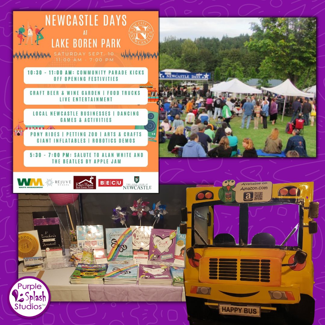 PurpleSplashS's tweet photo. We're excited to be a #vendor at #NewcastleDays this Sat together with amazing businesses &amp; great entertainment. Come visit us. We'll be close to the playground with lots of special goodies &amp; Big Happy Bus. Can't wait to see old friends and meet new ones. #authorevent #kidsbooks https://t.co/mjpY1mILXw