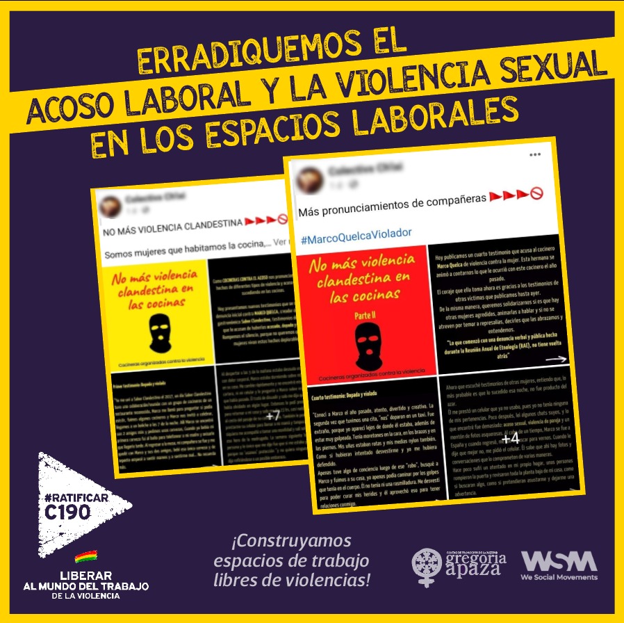 GregoriasBo's tweet photo. Ante las denuncias de ex trabajadoras del restaurante #SaborClandestino por #acosolaboral #violenciasexuallaboral el Centro de Promoción de la Mujer Gregoria Apaza expresa rotundo rechazo y condena estos hechos. https://t.co/9cHlcCqj8o