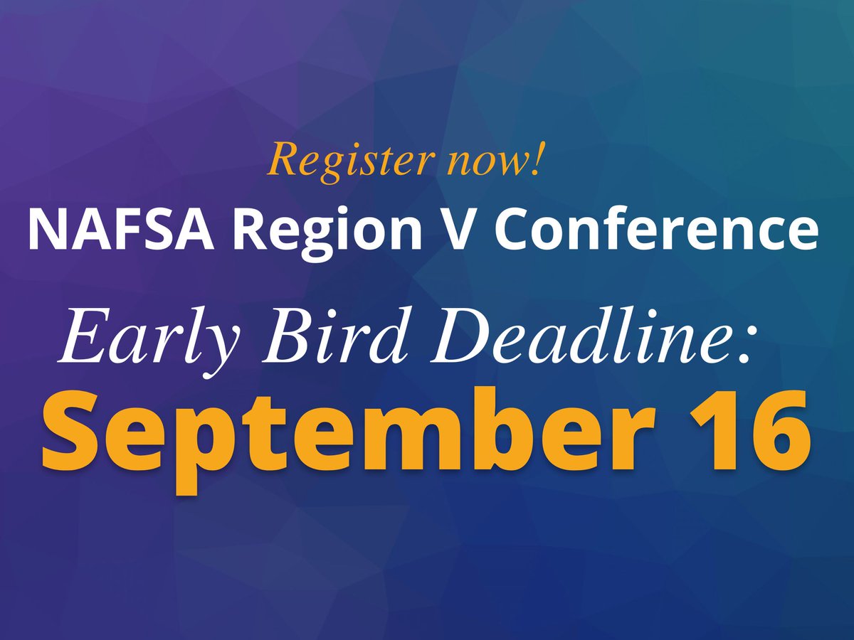 Register now for the NAFSA Region V Conference!

nafsa.org/conferences/20…

Early Bird registration deadline: September 16th

NAFSA Region V Conference
October 19 - 21, 2022
Milwaukee, WI