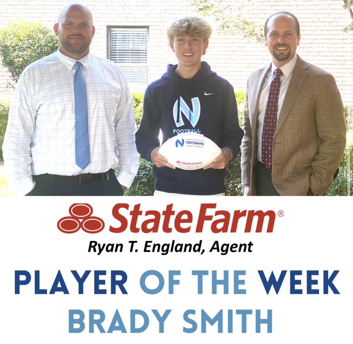 Congrats to Brady Smith who is the Ryan England State Farm Player of the Week chosen by coaches for his performance during the NCS vs. Marshall game. 

Smith was 4/4 on extra points and had 2 punts over 40 yards including a 47 yarder that pinned Marshall at the 3-yard line.