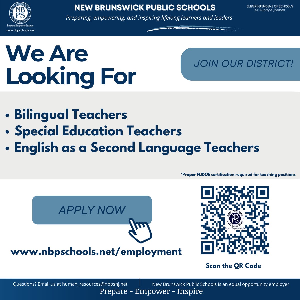 We are looking for Bilingual Teachers, Special Education Teachers and English as a Second Language Teachers. Are you certified?  Apply today! nbpschools.net/employment