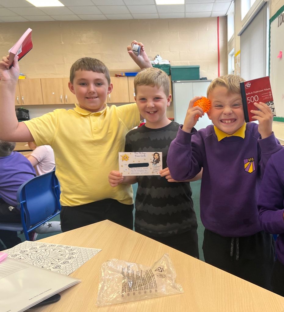MissMcKayNPS's tweet photo. Another week of celebrating success in P5/4. Raffle ticket winners galore &amp; Star of the Week! ⭐️ Well done for showing that you are ready, safe and respectful people! 💜💛 https://t.co/ssMKw6Xv4W