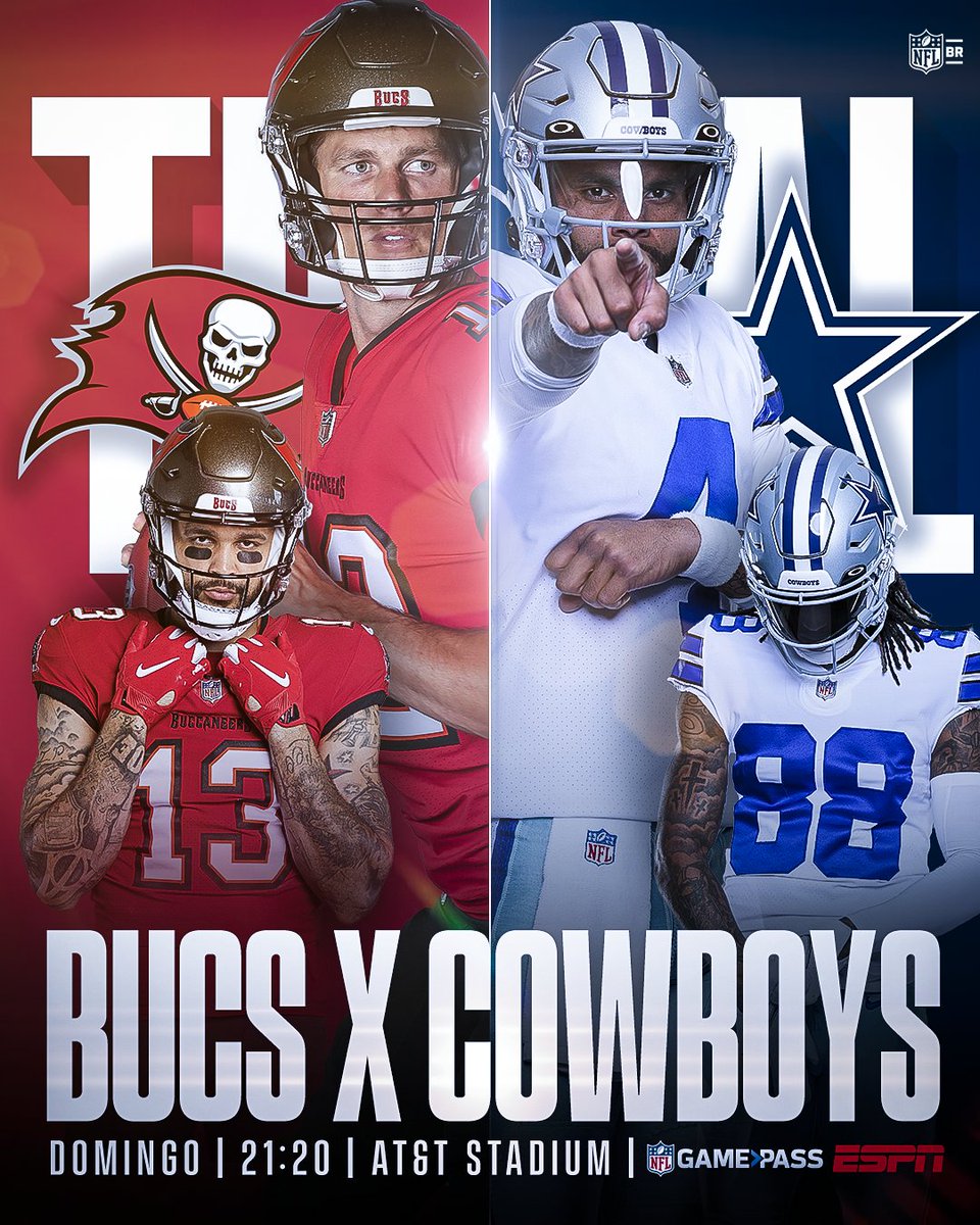 NFLBrasil's tweet photo. "WAITING ALL DAY FOR SUNDAY NIGHT"🎶🔥´

Tom Brady e os @Buccaneers vão até o Texas enfrentar Dak Prescott e os @dallascowboys pelo primeiro Sunday Night Football da temporada!

Não dá pra perder, né? 👊 #NFLBrasil https://t.co/YV09JES4lI