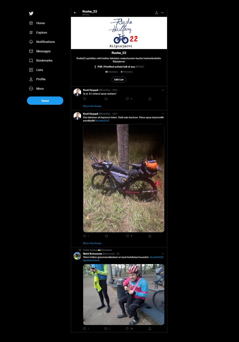 P3KO's tweet image. Mun Ruska_22 tuitteri -lista 

- 

Ruska22 pyöräilyn reitti kulkee lukuisten vesiputousten kautta Imatrankoskelta Kilpisjärven

#ruska2022 #pyöräily #pyöräilytwitter