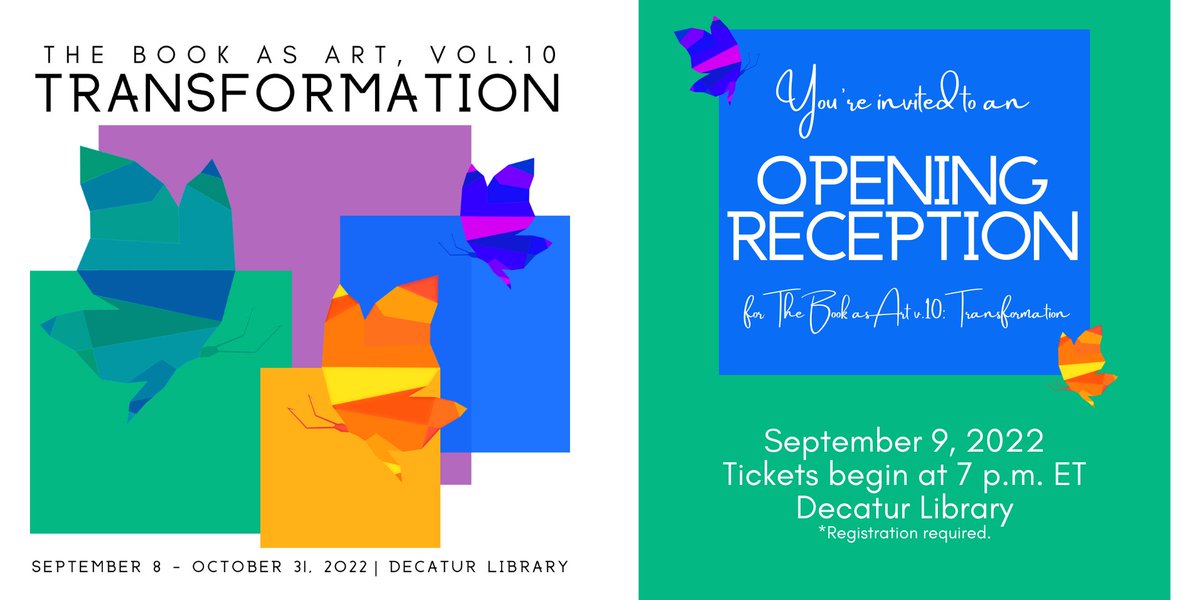 GaCntr4TheBook's tweet photo. Join us tonight to celebrate The Book As Art v.10: Transformation. Enjoy the incredible art selected for this year's show, as well as some refreshments, and experience our new transformed space on the fourth floor of the Decatur Library. https://t.co/nqRwhPnSkG @DecaturArts https://t.co/uWLDRTVlR5
