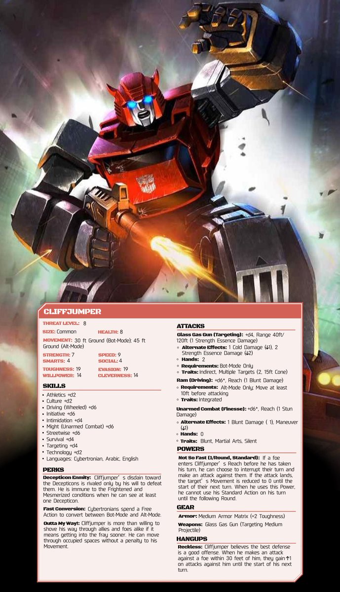OkeeeeyOK's tweet photo. Since the Transformers RPG Core Rulebook doesn't have stats for any Autobots, I homebrewed some myself. These have not been play tested.
#Transformers #TransformersRPG #Essence20 https://t.co/dSGopYkXqY