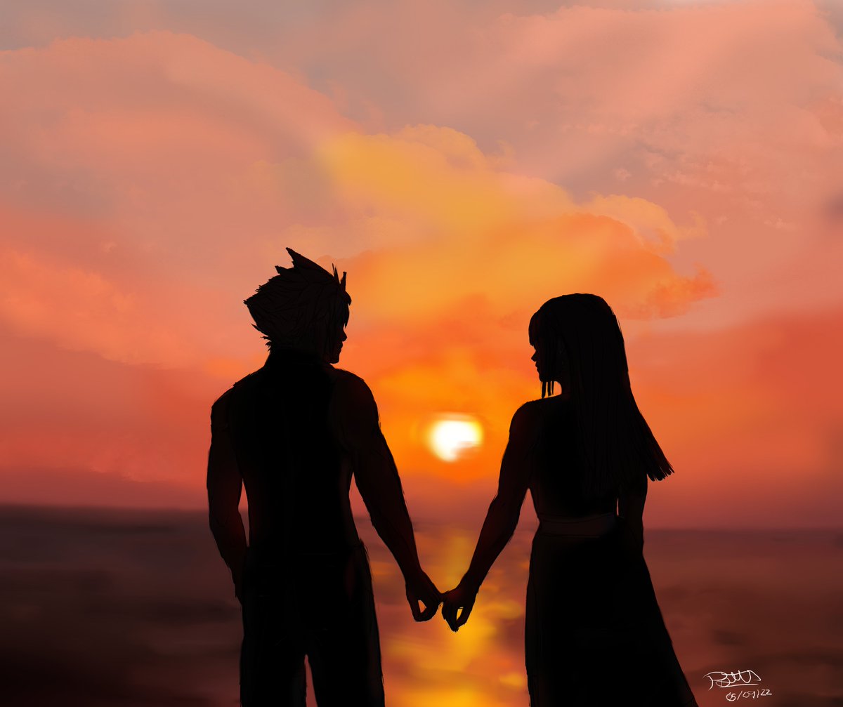 patri01011's tweet photo. #StrifeSummer22  Day 5: Free Day

#Cloti post AC looking at the sunset

#CloudStrife #TifaLockhart https://t.co/ui4hsJNVfh