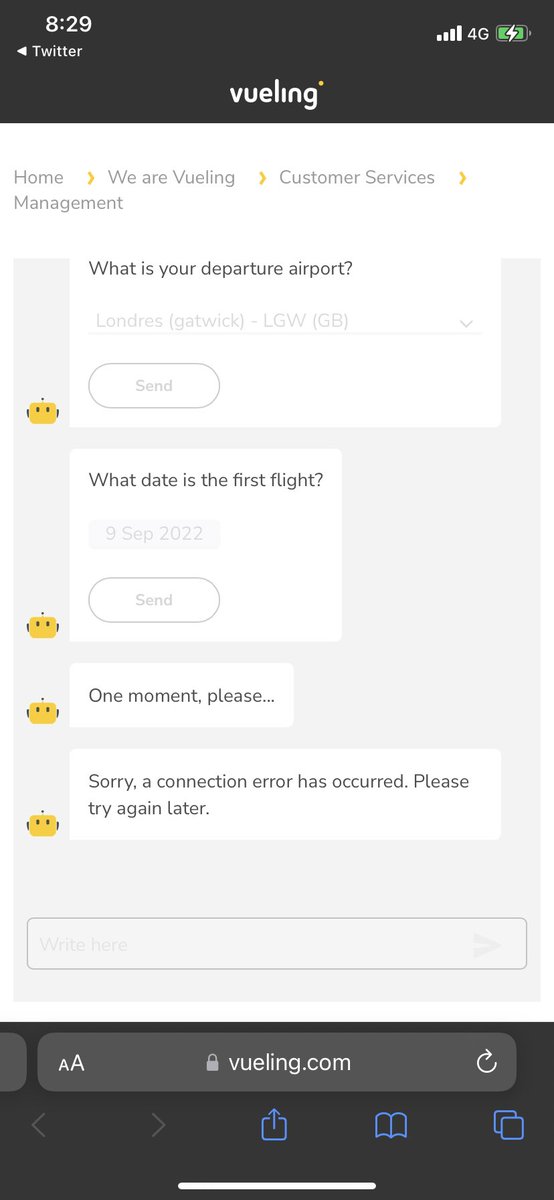 thozH's tweet photo. @vueling Thanks- but these are the same errors I’ve been receiving for 3 hours. You can’t repeatedly direct customers to faulty chat bots. Is anything going to be done about this? https://t.co/tfgRIGAASF