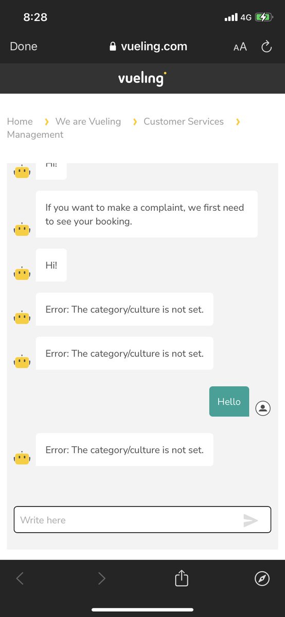 thozH's tweet photo. @vueling Thanks- but these are the same errors I’ve been receiving for 3 hours. You can’t repeatedly direct customers to faulty chat bots. Is anything going to be done about this? https://t.co/tfgRIGAASF