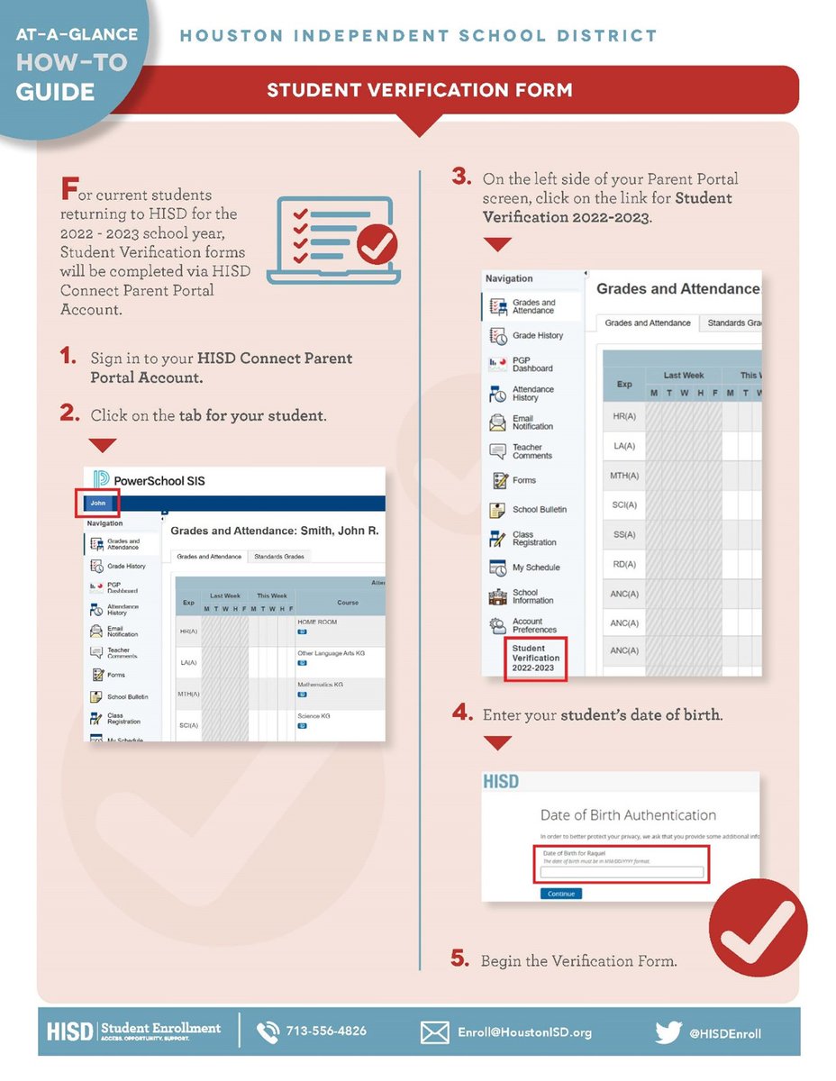 ✅✍ PADRES: Asegúrense de que la información de su hijo está actualizada completando el formulario de Verificación de la Información Estudiantil. Visiten el portal para padres ‘HISD Connect’ antes del 10/28. Detalles en: bit.ly/3xd0olg