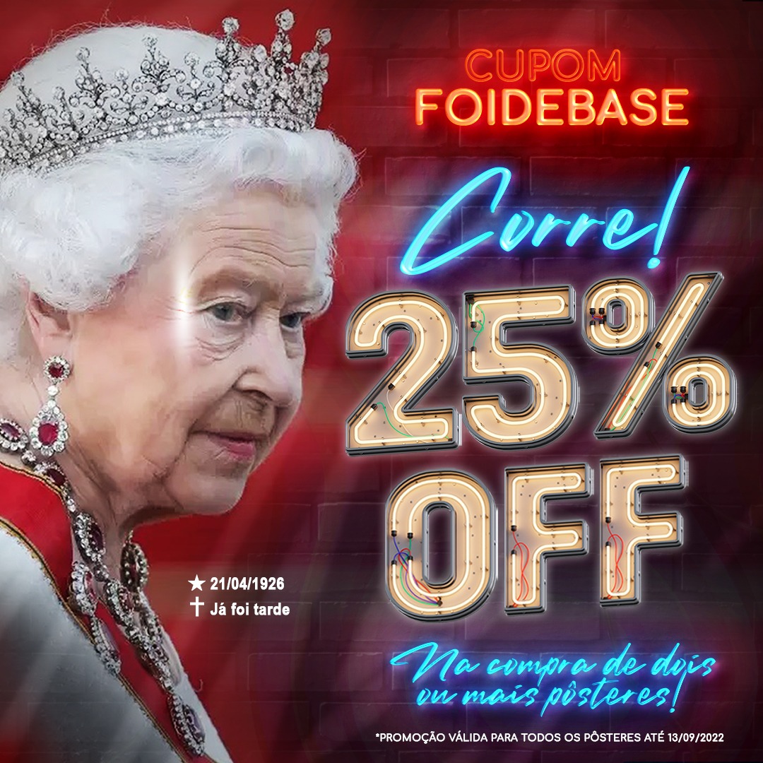 RevoluStore_'s tweet photo. ⚡ Promoção relâmpago ⚡ A rainha foi fazer highfive com seus colegas na terra do 7 peles e em comemoração fizemos uma super promoção pra você!
Use o cupom "FOIDEBASE" e ganhe 25% de desconto na compra de 2 ou mais pôsteres 
#rainhaelizabeth  #Rainha #RainhaElizabethII https://t.co/SAJHvEpnrN