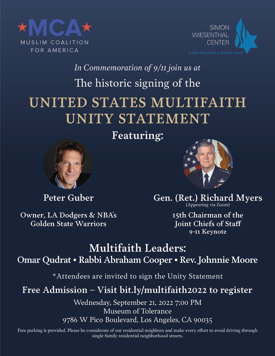 MCAunites's tweet photo. MCA is proud to partner with @simonwiesenthal for the signing of The United States Multifaith Unity Statement on Sept. 21 at the @musoftolerance. This historic event will feature @PeterGuber, 15th CJCS Gen. (Ret.) Richard Myers &amp; more. Register for free at https://t.co/CAOuKzdP5p https://t.co/X0UIXTguvc