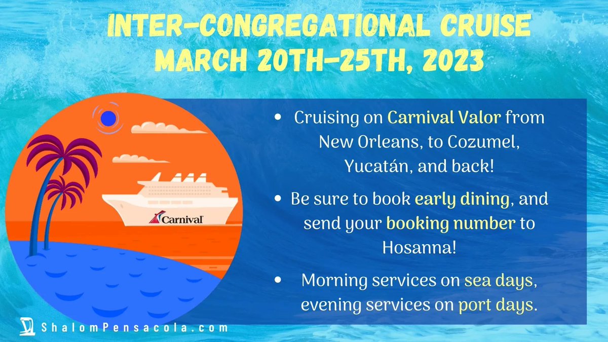 BritAhm's tweet photo. Our Inter-Congregational Cruise is next year, March 20-25! We are sailing on Carnival Valor, at NO, to Cozumel and Yucatán! Book through your agent or Danielle d.tokajer@magicalvacationplanner.com, get early dining, and send the booking number to Hosanna.
https://t.co/B3yd6GFzS4 https://t.co/UB1BHEgp9m