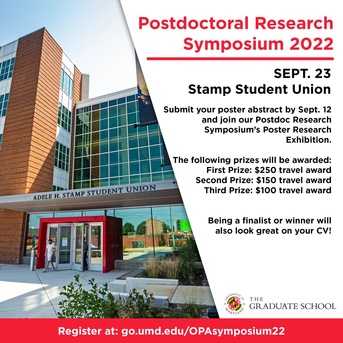Submit your poster abstract by 9/12 &amp; join our Postdoc Research Symposium’s Poster Research Exhibition! Being a finalist or winner will also look great on your CV! Register at go.umd.edu/OPAsymposium22 #UMDPostdocSymposium22