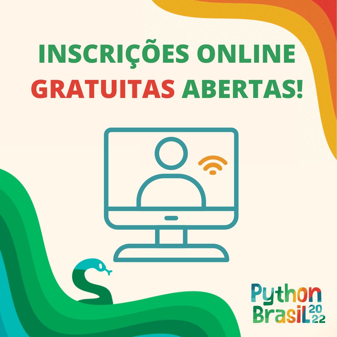 pythonbrasil's tweet photo. A #PyBR2022 segue fazendo história e, pela primeira vez, o evento será transmitido online <3
Para acompanhar keynotes, palestras, e job fair online, que ocorrerão entre os dias 20 e 23 de outubro, as inscrições são gratuitas!
https://t.co/kbupWy3CIZ https://t.co/uujgv8Sz2k