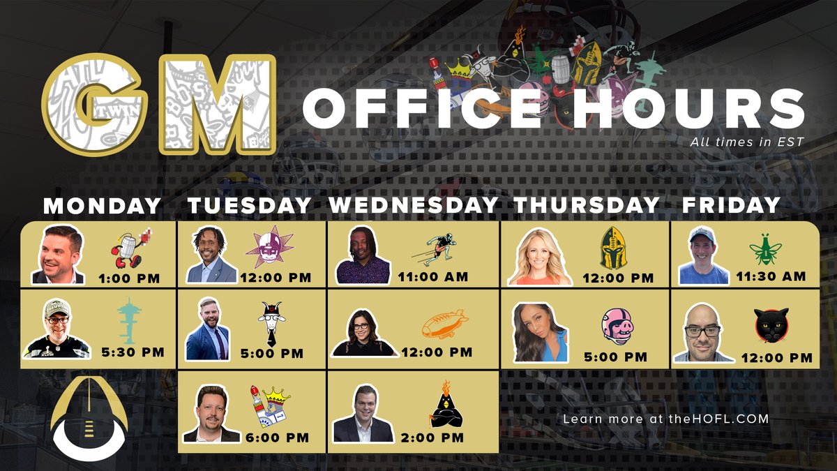 TheHOFLeague's tweet photo. 📓GM OFFICE HOURS📓
Every week, starting 9/12...
- Talk to your favorite GMs within the Huddle Chat of the HOFL app: https://t.co/mjM6J8xGQu
#HOFL #GMOfficeHours #fantasyfootball #NFLTwitter #ppr #fantasyexperts https://t.co/171DgV6EaA