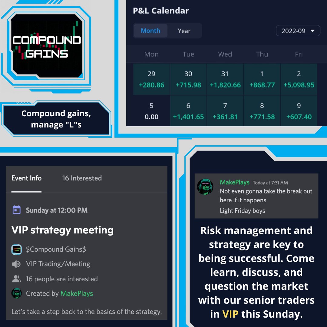 compound_trades's tweet photo. Our senior traders will be hosting a weekly strategy meeting exclusively for our VIP members this Sunday at 12:00 PM PST. Come and...

- break down price action
- ask questions about market trend
- refine your $SPX or $QQQ strategy 

Hope to see you there

https://t.co/e9qnC1bz5j https://t.co/T6I1tdHLov