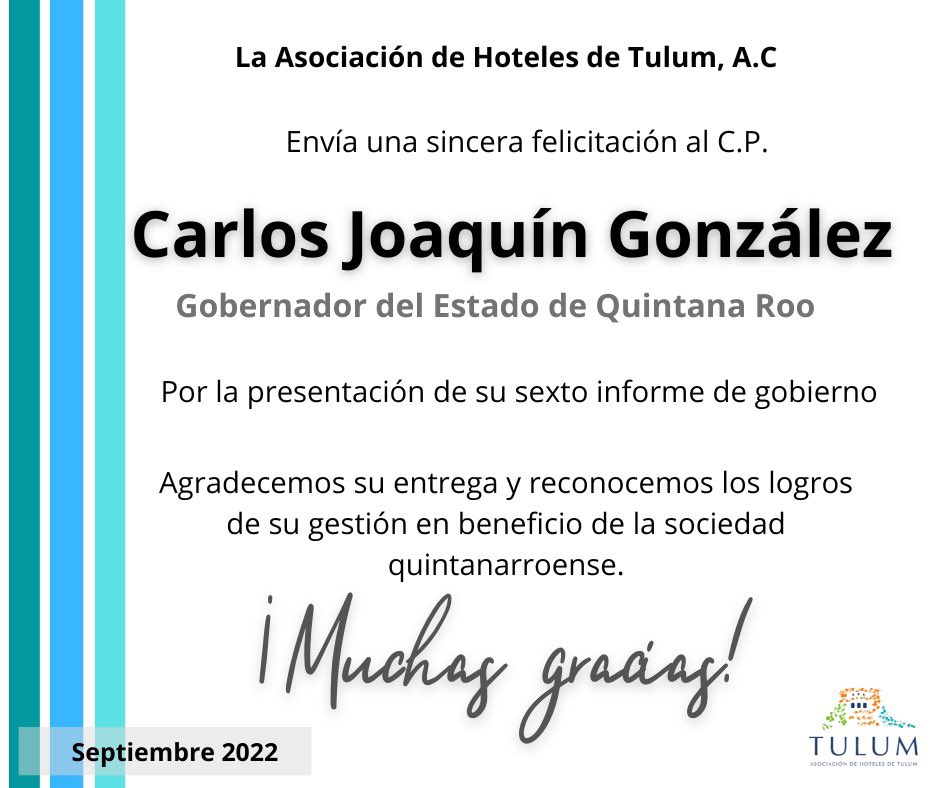 Felicito al Gobernador <a href="/CarlosJoaquin/">Carlos Joaquín</a> con motivo de su sexto informe de gobierno. Agradezco su entrega y reconozco los logros de su gestión en beneficio de los quintanarroenses. <a href="/tulumhoteles/">AHT</a>