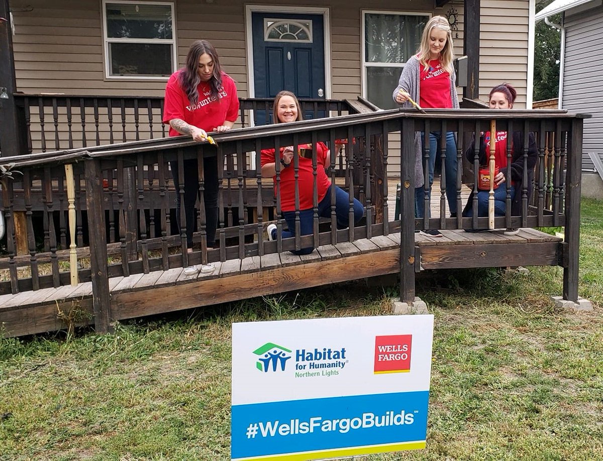 Minothabitat's tweet photo. We are feeling blessed!   Wells Fargo has graciously provided us a $15,000 grant to continue our mission.   
And as if that is not enough...members of their team helped stain a wheel chair ramp at one of the Habitat homes in NW Minot.    
Thank you!  @WellsFargo https://t.co/Lgo6pdz45X