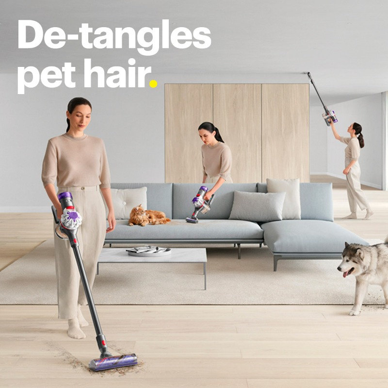 BestBuy's tweet photo. Looking to get rid of that pesky dog and cat hair? Dyson’s specially engineered vacuums are ready to help.