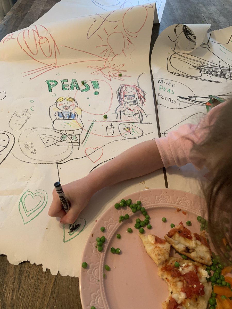 KatieRoweCBC's tweet photo. Read today how @The_Pigeon always put butcher paper on the supper table with crayons so everyone can draw while they eat and thought...why haven’t we been doing this?! Our 4 year old loved it (and she did eat her peas). https://t.co/6o1QhJfnb4