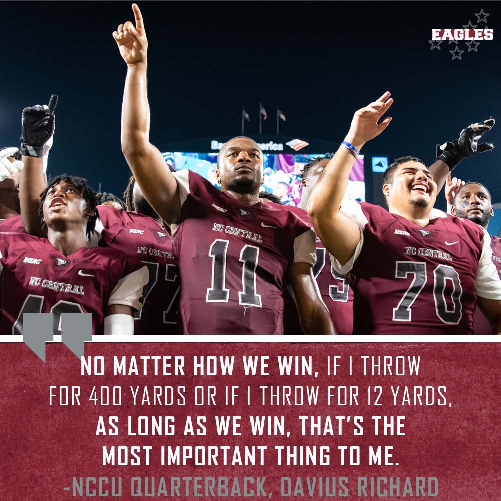 TEAM ABOVE SELF: <a href="/NCCU_Football/">NC CENTRAL FB | 🦅🏆🦅</a> quarterback Davius Richard is a team-focused leader…

“No matter how we win, if I throw for 400 yards or if I throw for 12 yards, as long as we win, that’s the most important thing to me.”
#EaglePride | #EagleEra <a href="/MEACSports/">Mid-Eastern Athletic Conference</a>