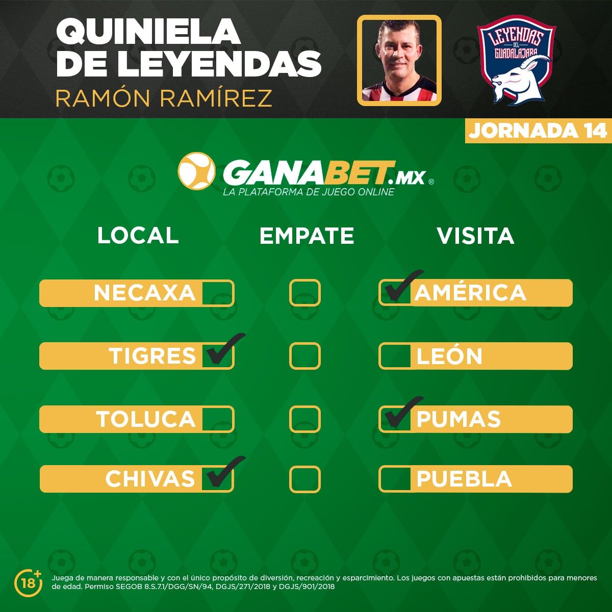 Ya tengo listos mis Picks de la #Jornada14. ¡Juega #ComoLasLeyendas en @Ganabetmex! 🐐

Regístrate y obtén un Bono de $600 MXN 👉 bit.ly/Leyendas-GDL