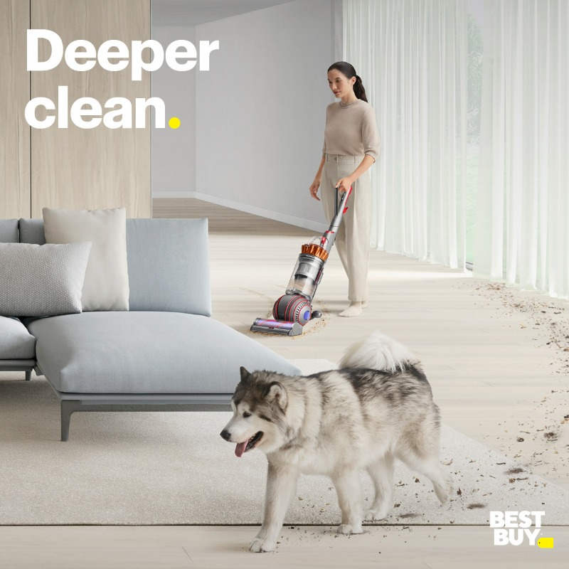 BestBuy's tweet photo. Looking to get rid of that pesky dog and cat hair? Dyson’s specially engineered vacuums are ready to help.
