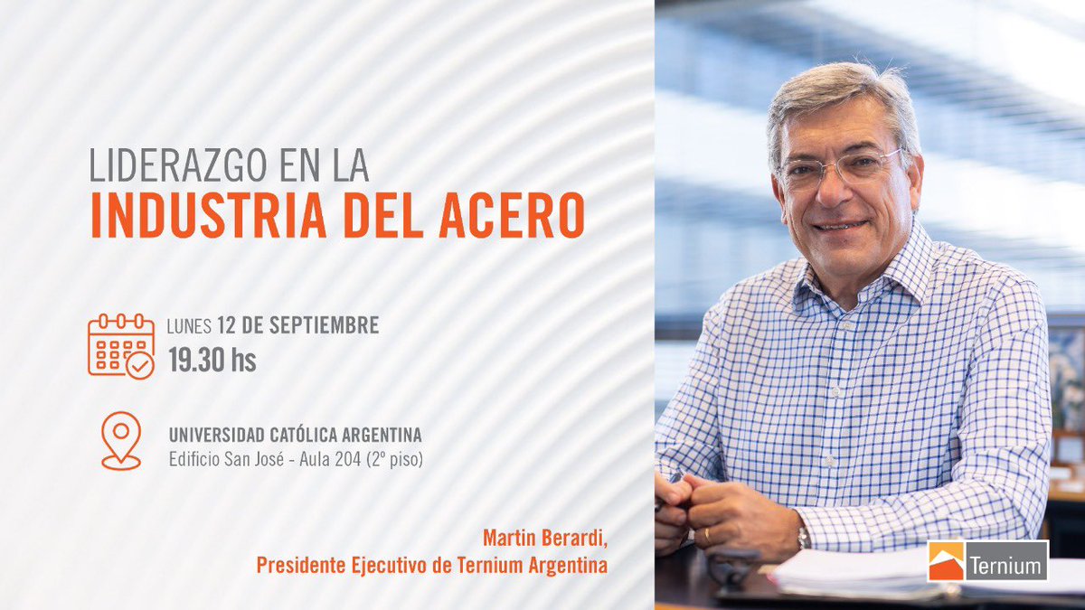 TerniumArg's tweet photo. Inspirando a los futuros profesionales de la industria. El lunes, @_MartinBerardi conversará con estudiantes de ingeniería de la UCA. Hará un repaso desde su recorrido como joven profesional hasta los desafíos actuales de la industria: sustentabilidad, Industria 4.0 y mucho más. https://t.co/Vl8YXch2yA
