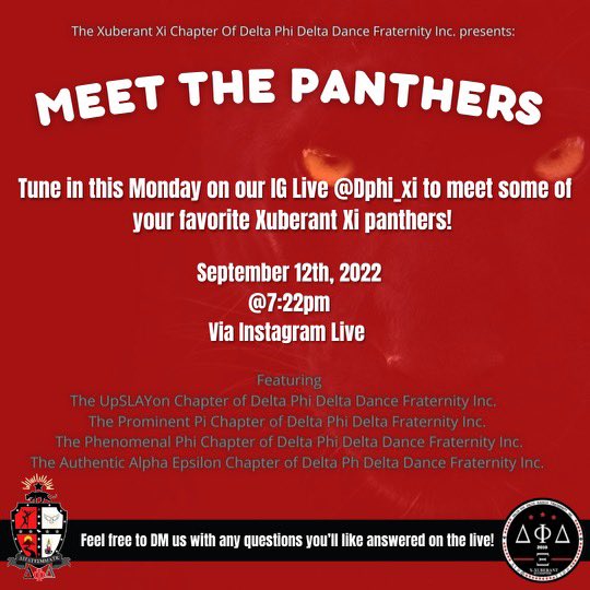xi_dphi's tweet photo. Get to know some of your favorite panthers!🐾
This Monday tune in via IG live @dphi_xi for out Meet The Panthers event! Bring questions and tell a friend to tell a friend❤️ See you all there!
Special Guest:
@dphid_phi
@alphaepsilon_
@panthers_pi
@dphid_upsilon
#Xi #DPhiD https://t.co/kXlZq3cn14