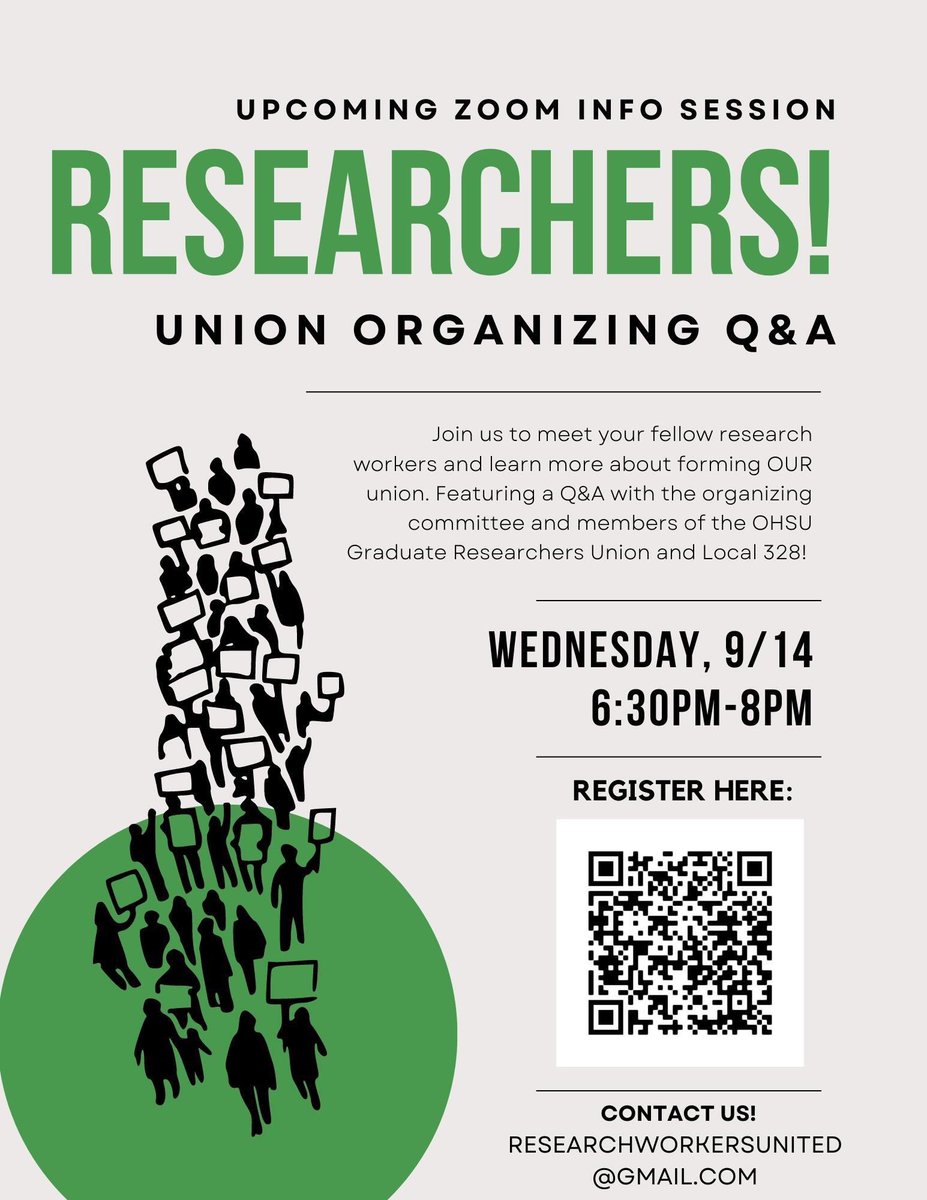 ResearchWorkers's tweet photo. Research Workers United (RWU) is proud to host our first virtual information session on September 14th at 6:30pm! Tune in to hear a short presentation by members of our organizing committee, followed by an audience-led Q&amp;A on what unionizing could look like for OHSU researchers. https://t.co/88cxHfdg1O