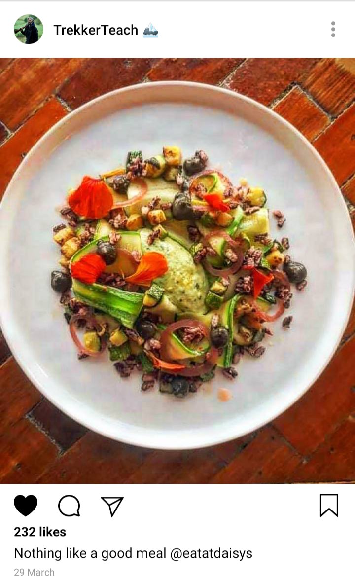 Ed's IG: Picture of a fancy plate of food. Caption reads: Nothing like a good meal. 