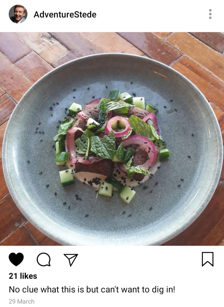 Stede's IG: pic of a fancy salad I on a fancy plate. Caption: don't know what this is but I can't wait to dig in! 
