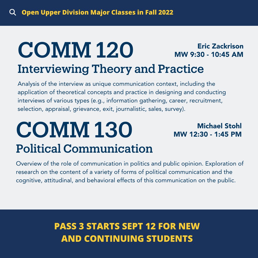 Can you believe it's almost Pass 3? If you're still looking for Upper Division COMM courses for Fall 2022, here are a few that still have spaces as of today (9/9). Everyone has different pass times, so be sure to check real-time availability before your individual pass time :)
