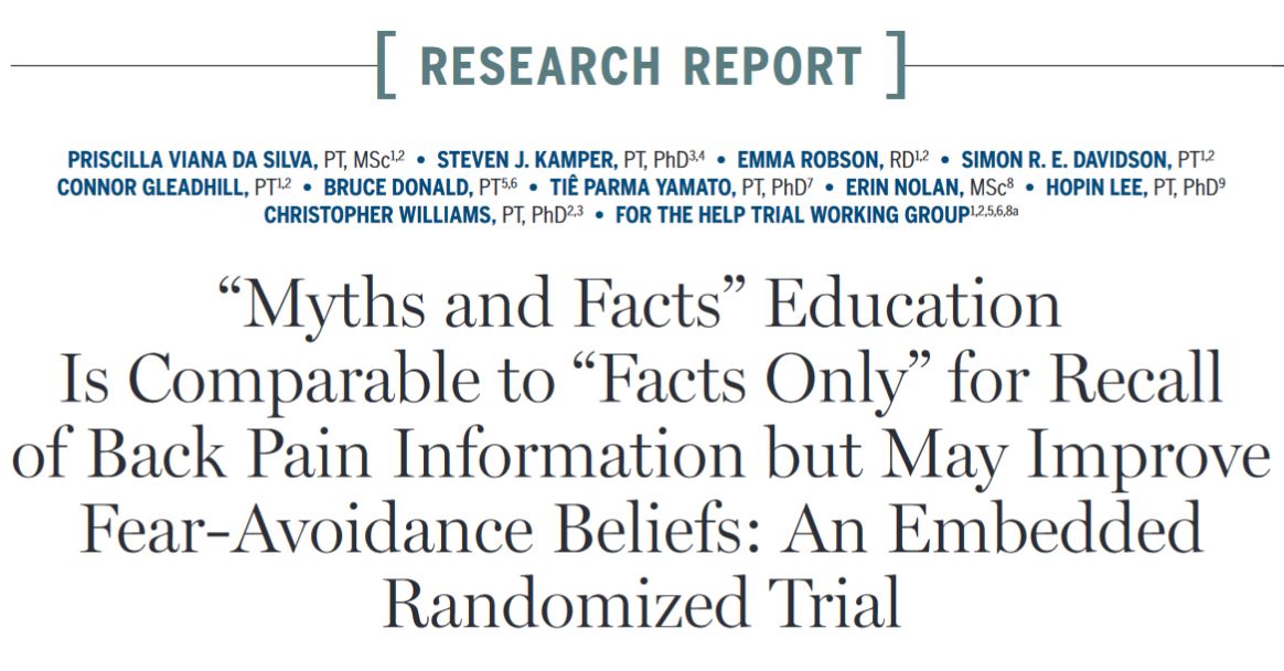 JOSPT's tweet photo. NEW #ResearchReport in this month's @JOSPT

Can we just provide facts, or do we need to dispel myths when providing education for people with chronic #LowBackPain 🤔

Take a look here to find out 👉 https://t.co/8itvO6x3BJ

#yourJOSPT https://t.co/ioniMio7sW