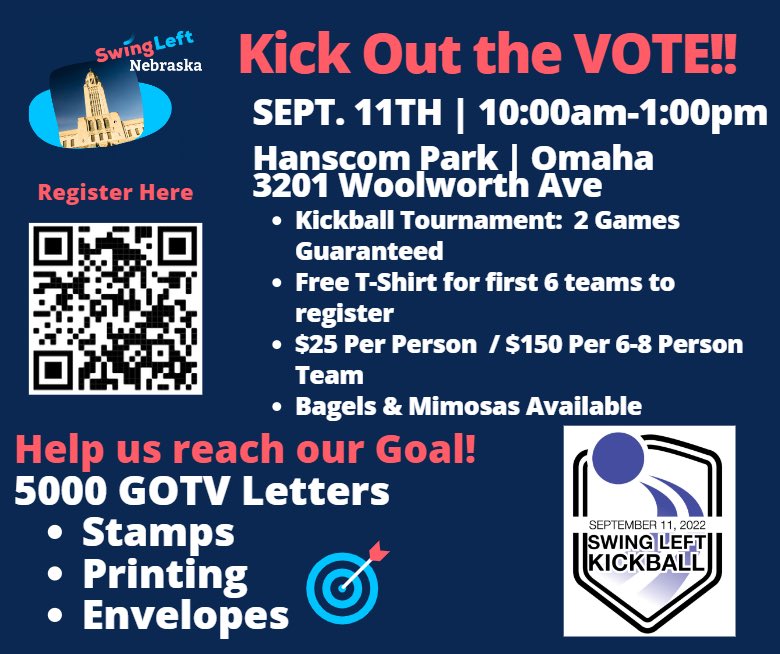 SwingLeftOmaha's tweet photo. Join us this Sunday at Hanscom Park for some kickball fun!  Don’t have a team?  No problem!  Come with your $25 donation and we will assign you a team!  Also, for every 15 letters your team writes when you aren’t playing, you will get an additional out on offense when you are! https://t.co/OYwZywv9ID