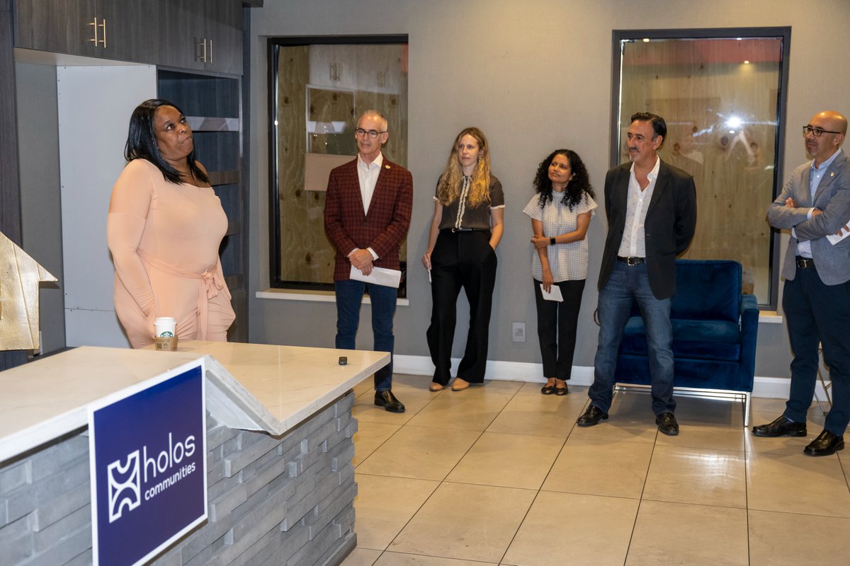 WeAreHolos's tweet photo. Holos CEO and Exec. Director Cristian Ahumada was joined by @LACityCouncil member @MitchOFarrell, @California_HCD Director Gustavo Velasquez, @CAbcsh Deputy Secretary Dhakshike Wickrema and others for a tour of Avenida, LA County’s newest Project #HomekeyCA site yesterday! https://t.co/D5LTx1KbSJ