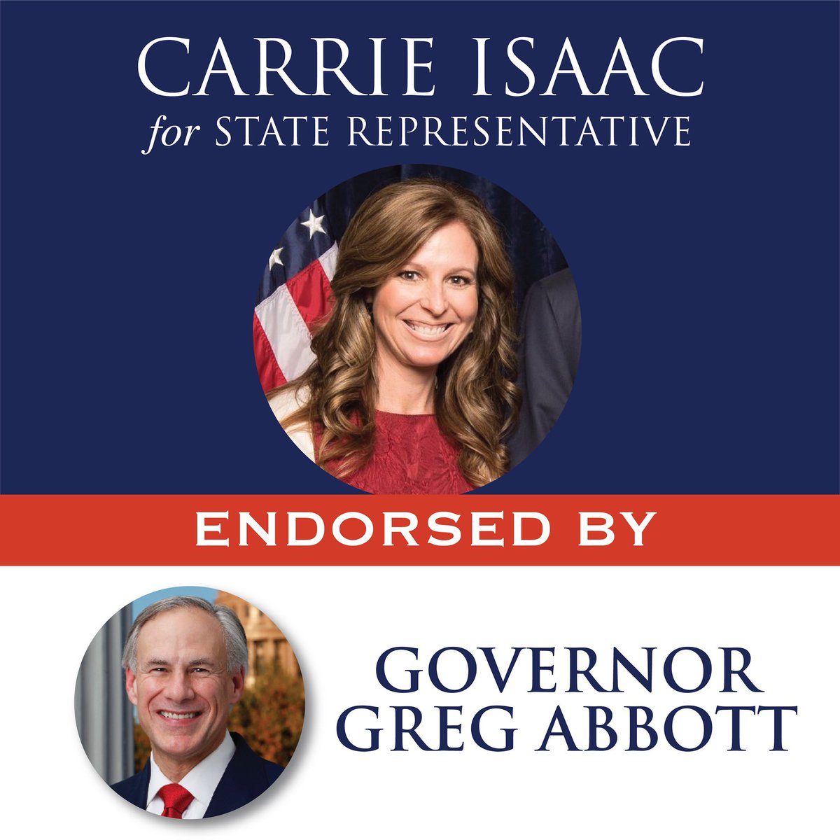 CarrieIsaac's tweet photo. Thank you Governor Greg Abbott for your endorsement! I look forward to working with you to keep Texas the greatest state to raise a family and start a small business. https://t.co/pOJnlD1AMd