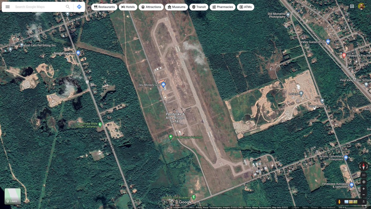 steffanwatkins's tweet photo. That brings the choices down to two likely airports suitable for three as of yet unidentified #CANSOFCOM spook-ISR King Airs:
#CYTA Pembroke's runway would be suitable, but it's off-base.
#CYWA Petawawa is suitable for helicopters, and King Airs can land on anything flat...🤔 https://t.co/BnB14oT1zB