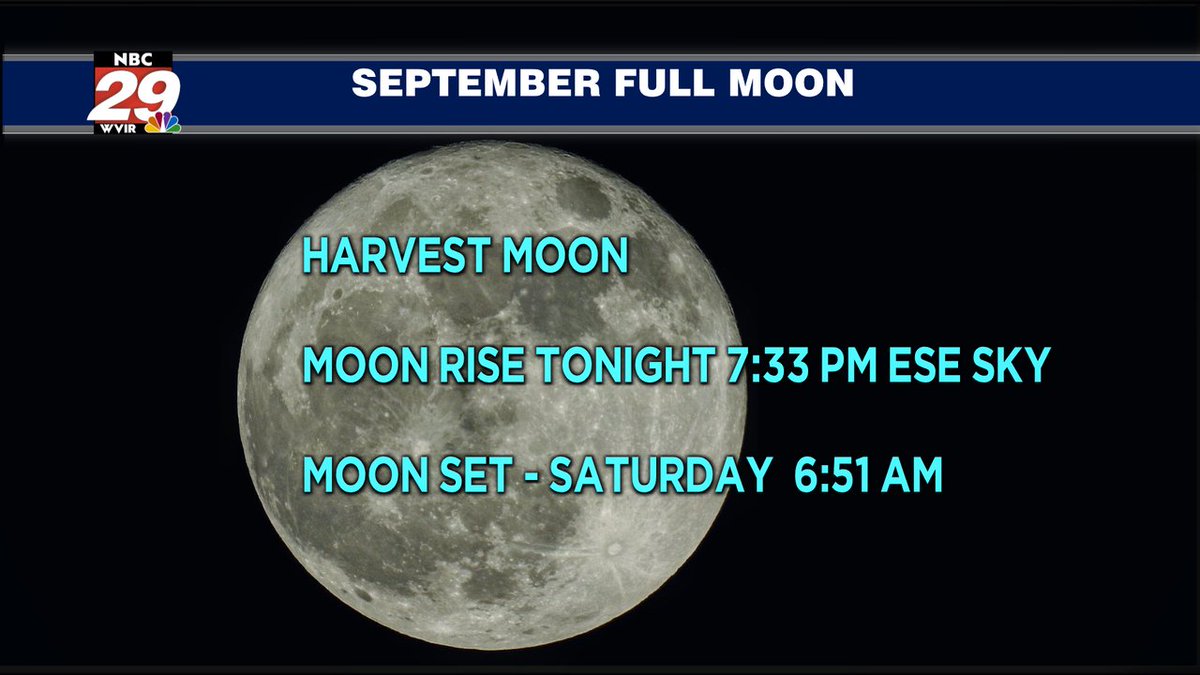 29NewsWVIR's tweet photo. Gaze skyward! September's Full Harvest Moon ( Full Moon nearest to the Autumn Equinox) will rise just after sunset, this Friday evening. Turning full overnight, into early Saturday AM. #fullmoon #septemberfullmoon #harvestmoon https://t.co/BE7Uiq3zxs