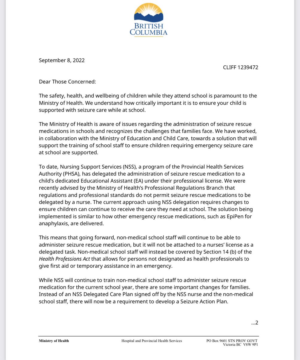 CUrquhartGlobal's tweet photo. #breaking. An apparent about face from Ministry of Health. It has just sent this letter to parents whose kids need medication for seizures. @GlobalBC https://t.co/cz2qNCXW6T